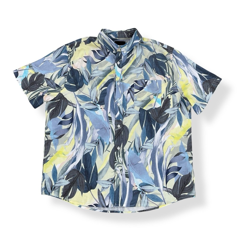 Magaschoni Shirt Men Large Blue Short Sleeve Button Down Linen Blend Island NWT